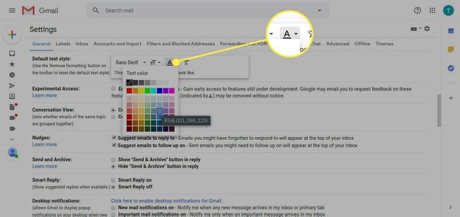Gmailin oletustekstin tyyliasetukset, joissa Tekstin väri -vaihtoehto on korostettu