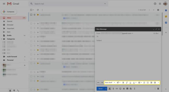 Uusi viesti Gmailissa, jossa tekstin muotoiluasetukset on korostettu