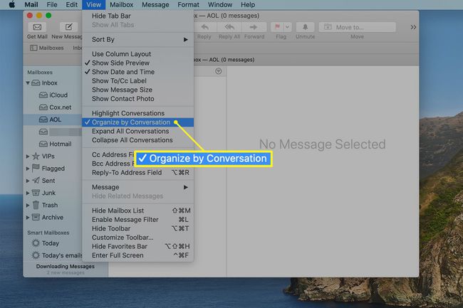 Näytä valikko Mac Mailissa Järjestä keskustelun mukaan -vaihtoehdolla