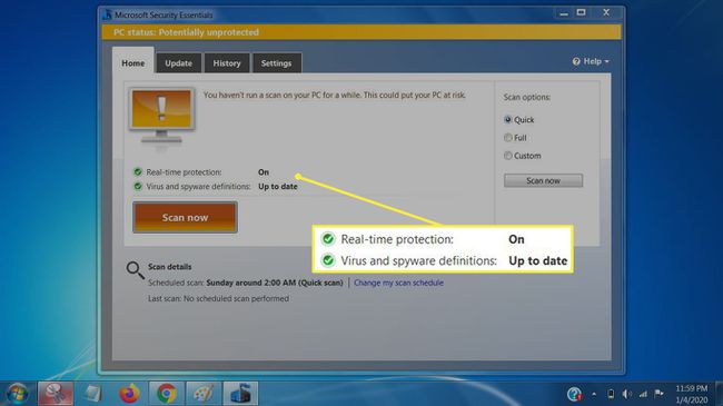 Microsoft Security Essentials -asetukset.