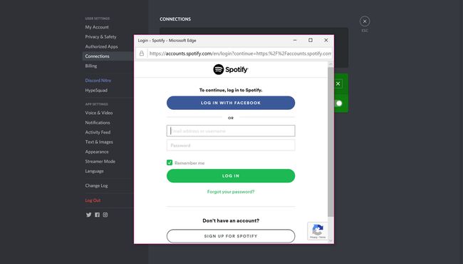 Discord-sivusto Spotifyn ja Facebookin asetuksilla.