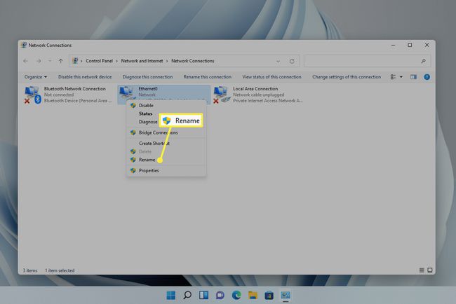 Nimeä uudelleen valikon vaihtoehdoissa Verkkoyhteys Windows 11:lle
