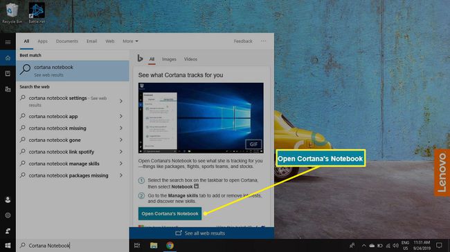 Kirjoita Windowsin hakukenttään Cortana-muistikirja ja valitse Avaa Cortanan muistikirja