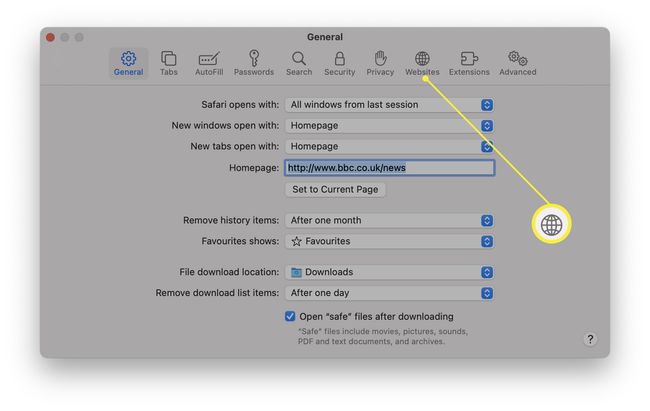 Mac Safari -asetukset Web-sivustot korostettuina