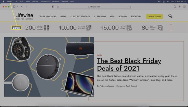 Mac Safari, jossa Safari-valikko on korostettuna