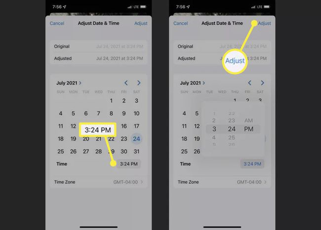 Time & Adjust korostettuna iOS Photos Adjust Date & Time -asetuksissa