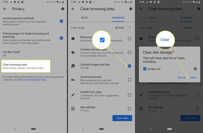 Screenshots of Chrome for Android showing how to delete browsing data
