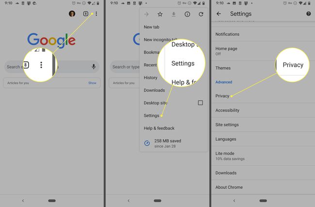 Screenshots of the Chrome app for Android with the More, Settings, and Privacy options highlighted