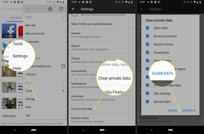 Screenshots of Firefox on an Android phone showing how to clear browsing data
