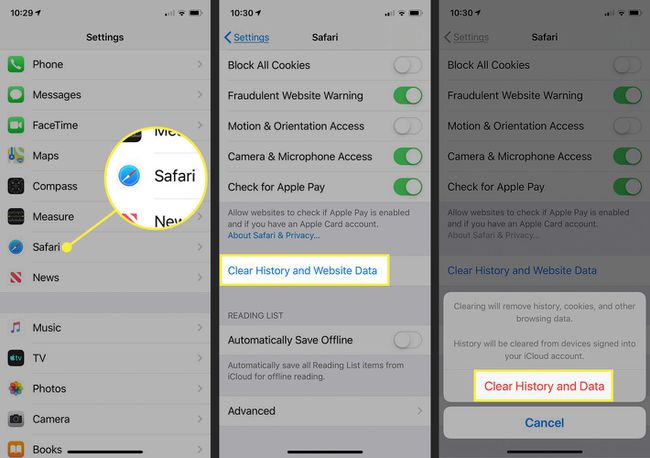 Screenshots of an iPhone showing how to delete Safari's data