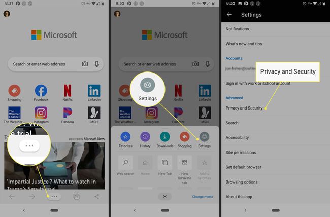 Screenshots of Edge on Android showing the path to Privacy and Security settings