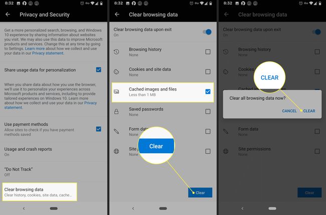 Screenshots of Opera settings on Android showing how to clear browsing data