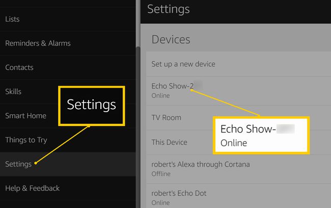 Alexa PC Settings Echo Device valittu