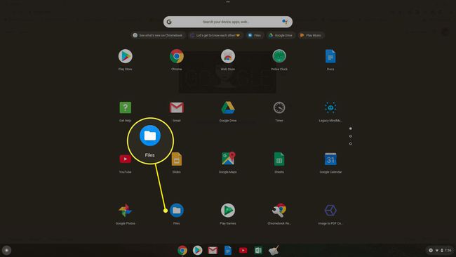 Kuvakaappaus Tiedostot-sovelluksen avaamisesta Chromebookilla