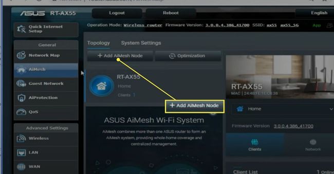 Lisää AiMesh Node -painike Asus-reitittimen järjestelmänvalvojavalikkoon.