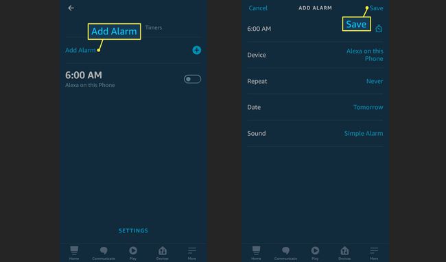 Lisää ja tallenna hälytys Alexa-sovelluksessa