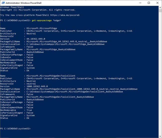 Komennon tulokset PowerShell-ikkunassa