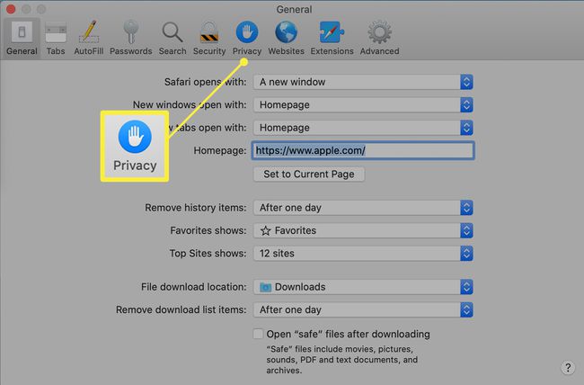 Yksityisyys-välilehti Safari-asetuksissa