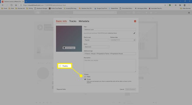 Valitse, haluatko tehdä soittolistan julkiseksi SoundCloud-verkkosivustolla.