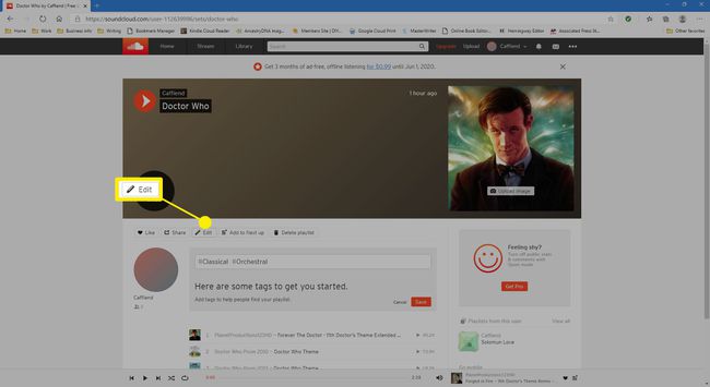 Valitse muokataksesi soittolistaa SoundCloud-verkkosivustolla.