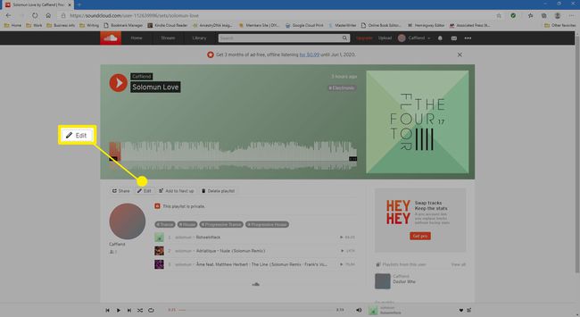Valitse muokataksesi soittolistaa SoundCloud-verkkosivustolla.
