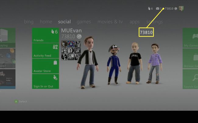 Xbox 360:n sosiaalinen välilehti.