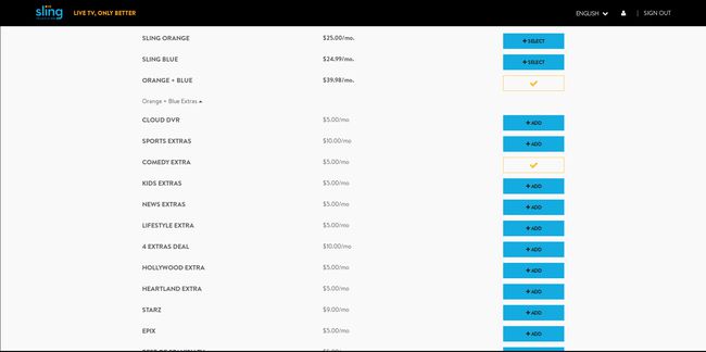 Sling TV:n lisätilausvaihtoehdot.