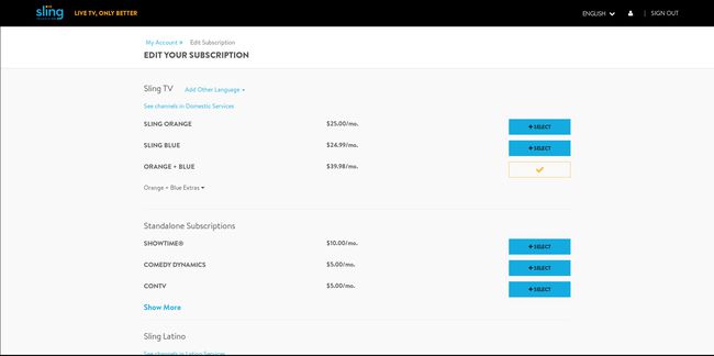 Sling TV:n tilausvaihtoehtosivu.