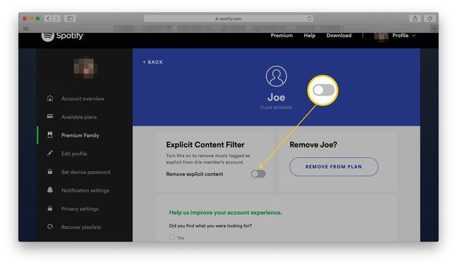 Spotify-tilin tiedot eksplisiittisen sisällön suodattimen kytkin on korostettuna