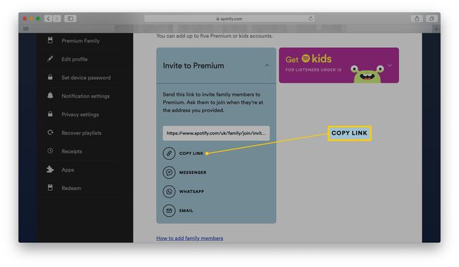 Spotify Premium Family -tilisivu, joka on merkitty kopiointilinkillä kutsuaksesi jonkun premiumiin
