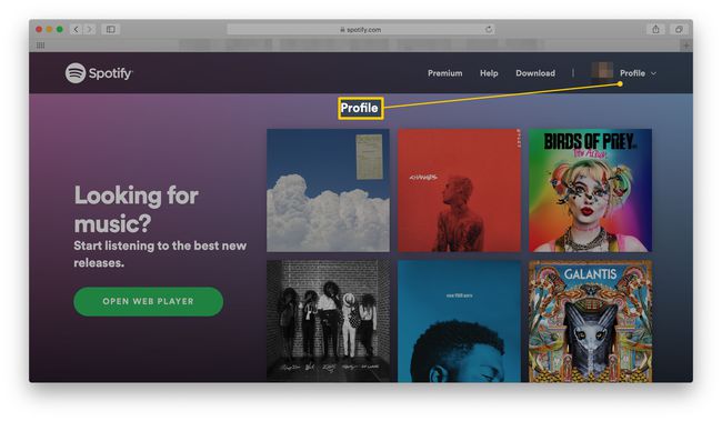 Spotifyn kotisivu profiili korostettuna