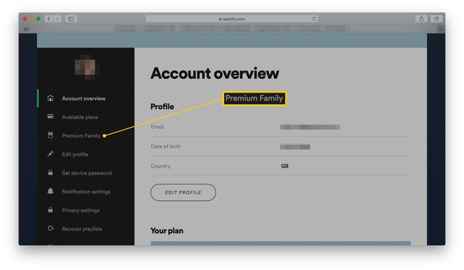 Spotify-tilin tiedot Premium Family korostettuna
