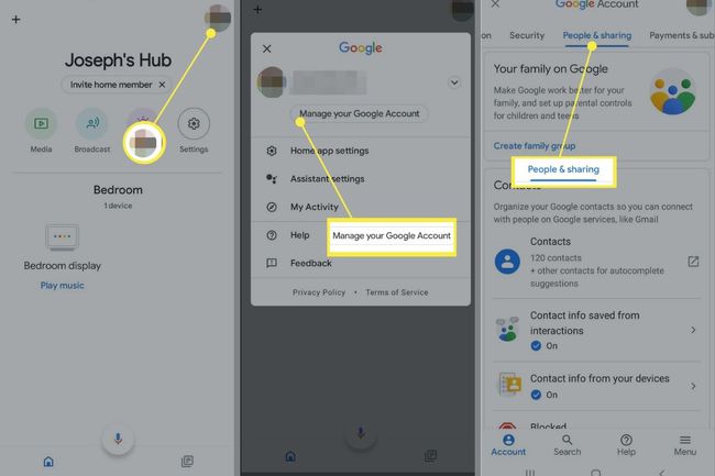 Profiilikuvake, Hallinnoi Google-tiliäsi ja Henkilöt ja jakaminen Google Home -sovelluksessa