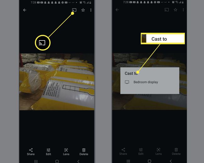 Cast-kuvake ja Cast to -valikko Google Kuvat -sovelluksessa