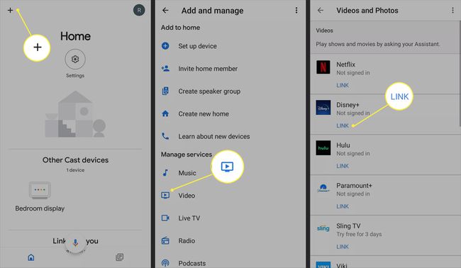 Google Home -sovellus, jossa on korostettuna Lisää laite (+), video ja linkki Disney Plussan alla