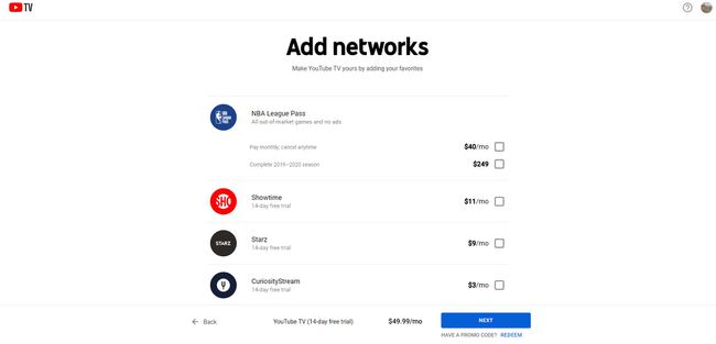 Lisää verkkoja YouTube TV:n rekisteröitymisessä