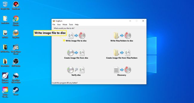Avaa ImgBurn ja valitse Kirjoita kuvatiedosto levylle.