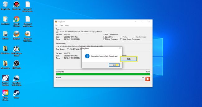 Valitse OK, kun ImgBurnin alareunassa oleva valmistumispalkki saavuttaa 100 prosentin.