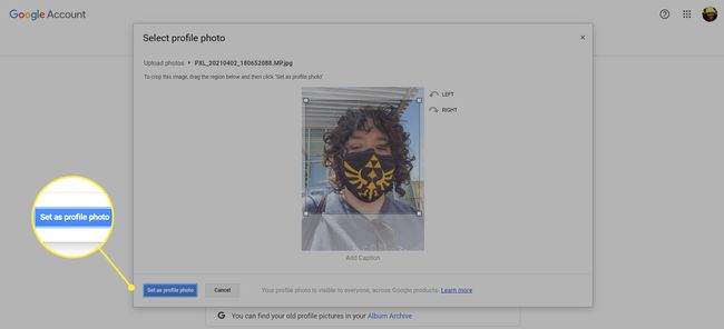 Google-käyttäjä vaihtaa profiilikuvaansa.  Aseta profiilikuvaksi -painike on korostettu.