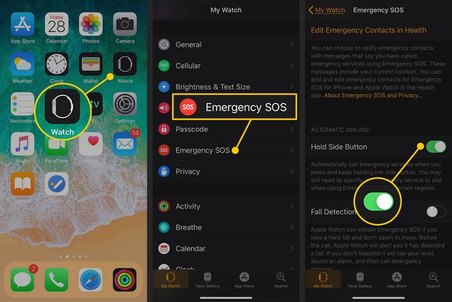 Hätätilanne SOS-asetukset iPhone Watch -sovelluksessa