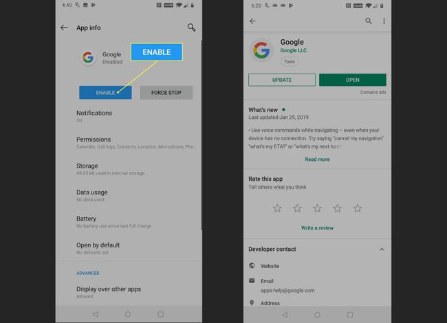 Google-sovellus Aktivoi vaihtoehto ja Google-sovellus Google Play Kaupassa