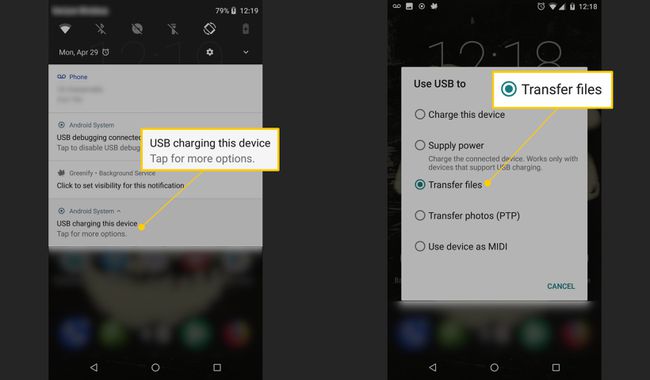Lataa tämä laite USB:n kautta, Siirrä tiedostoja -painike Androidissa
