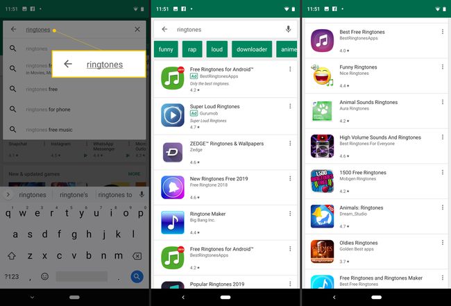 Kolme Google Play -näyttöä soittoäänihakua, sitten kaksi tulossivua.