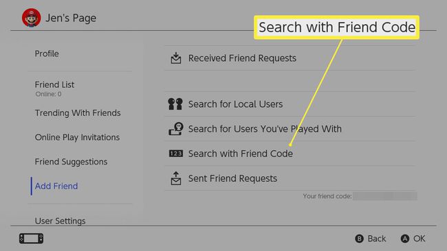 Hae Nintendo Switchin käyttäjäprofiilisivulla korostetulla ystäväkoodilla