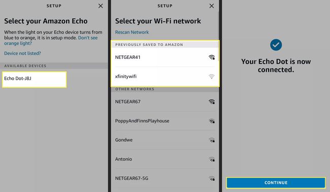 Echo Dot, Wi-Fi Network ja Continue korostettuna Alexa-sovelluksessa