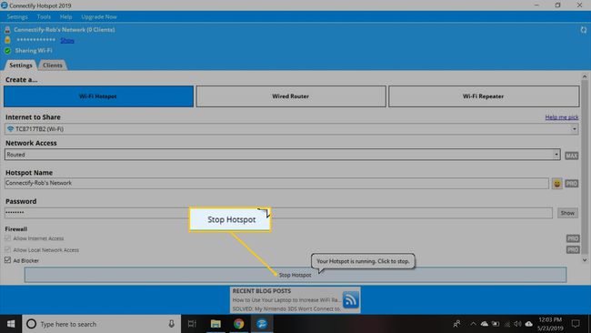 Stop Hotspot -painike Connectify-verkkoliittymässä