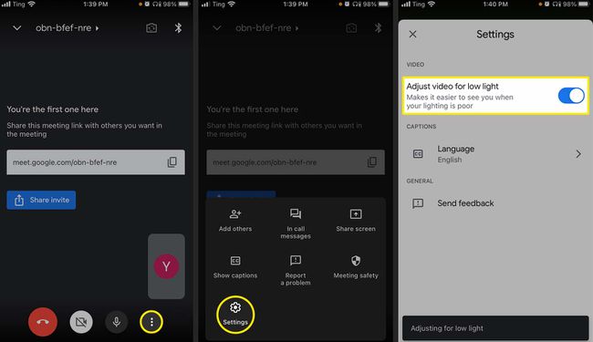 Ota käyttöön videon säätö hämärässä Google Meetin iOS-versiossa.
