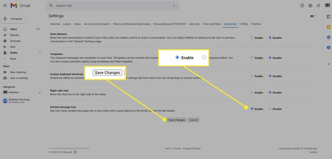 Gmail-asetukset, joissa on korostettuna Ota muutokset käyttöön ja tallenna muutokset