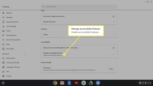 "Hallinnoi esteettömyysominaisuuksia" -vaihtoehto Chromebookin asetuksissa