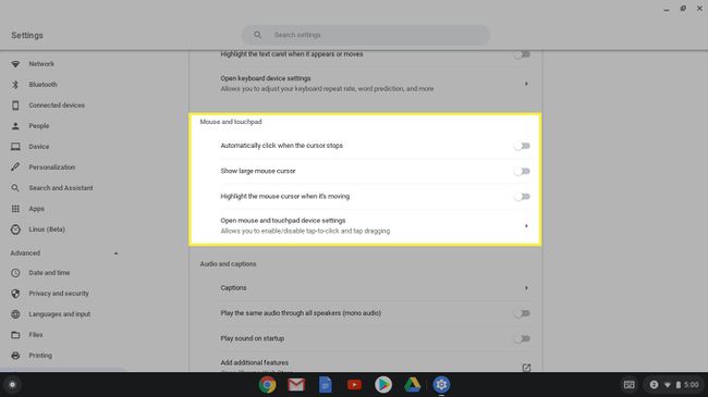 Hiiren ja kosketuslevyn asetukset Chromebookissa